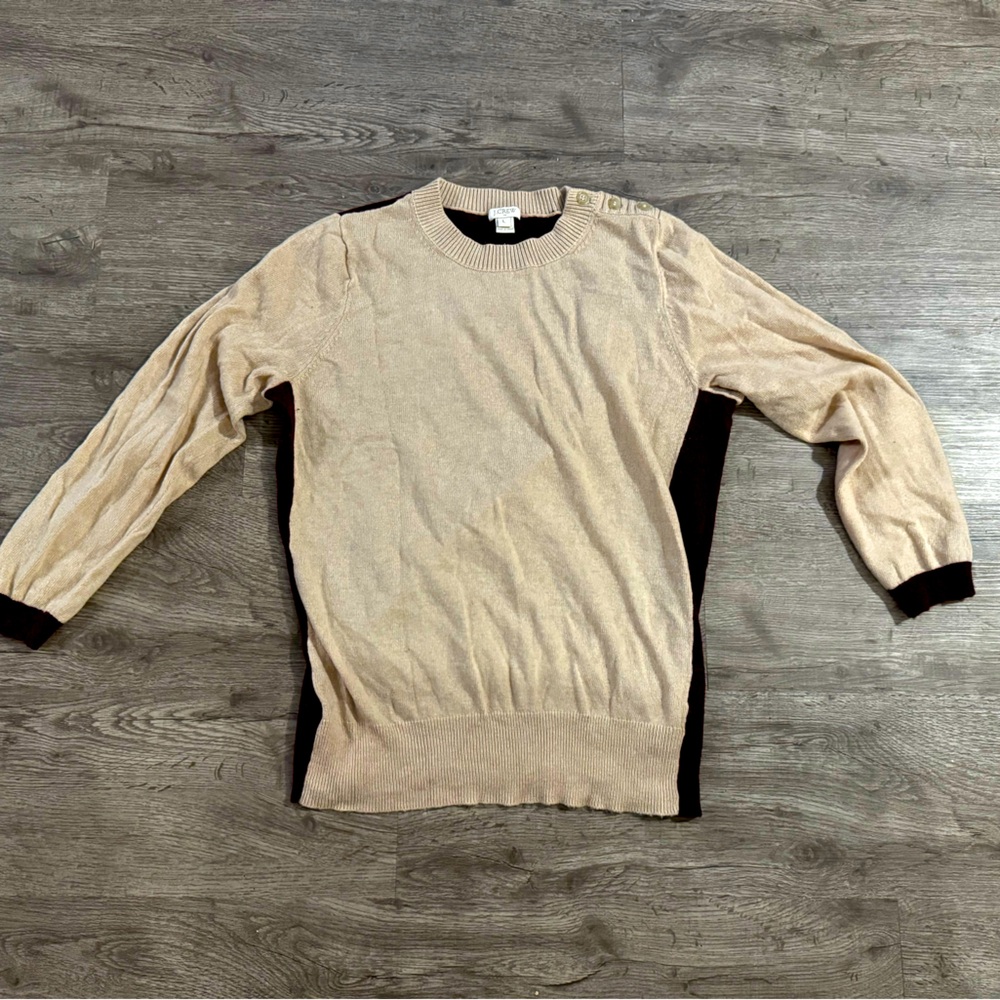 J crew sweater cream front with maroon back and elbow patches